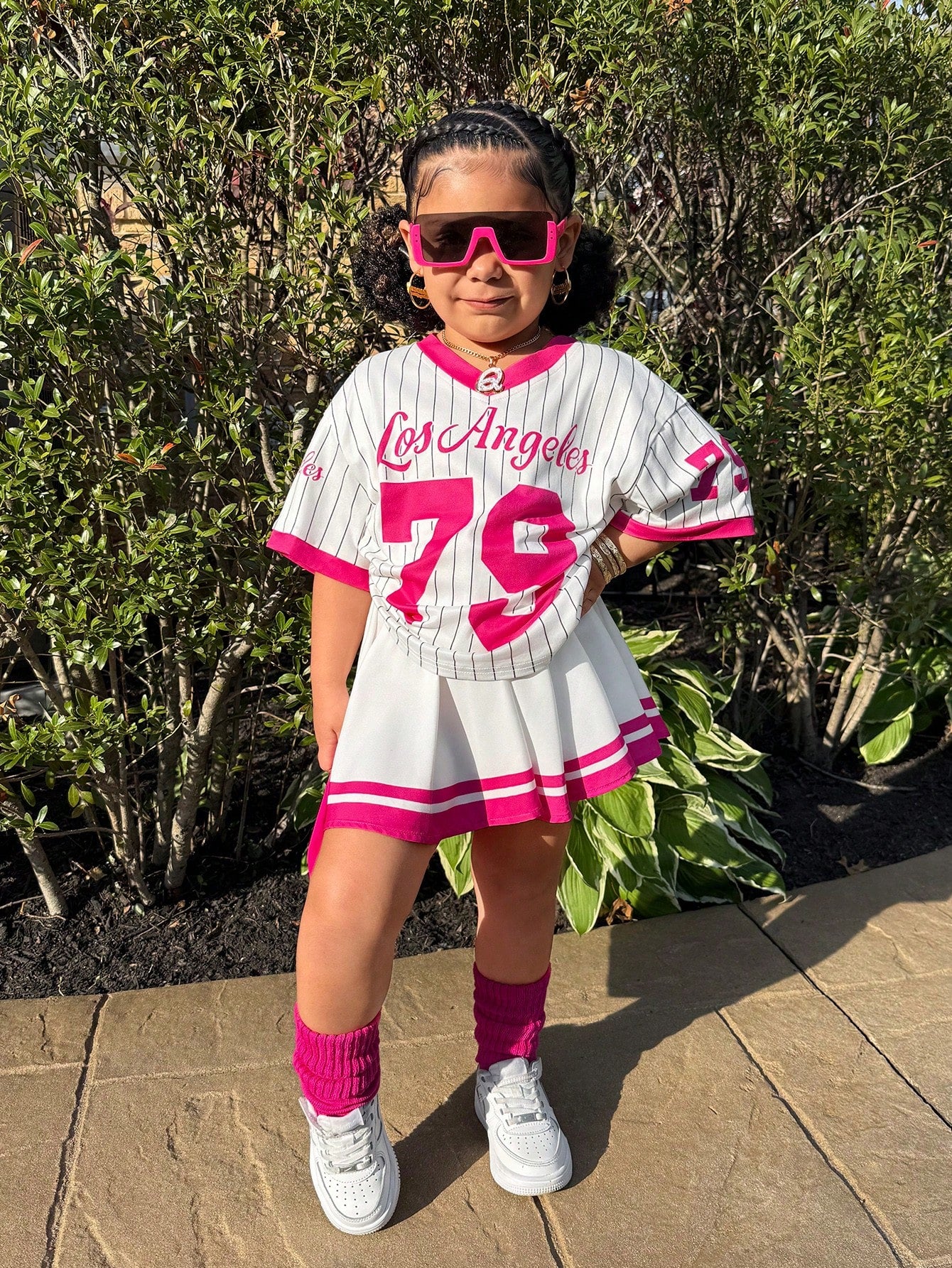 2pcs Set Young Girls Ball Jersey &amp; Number Print T-Shirt With Skirt