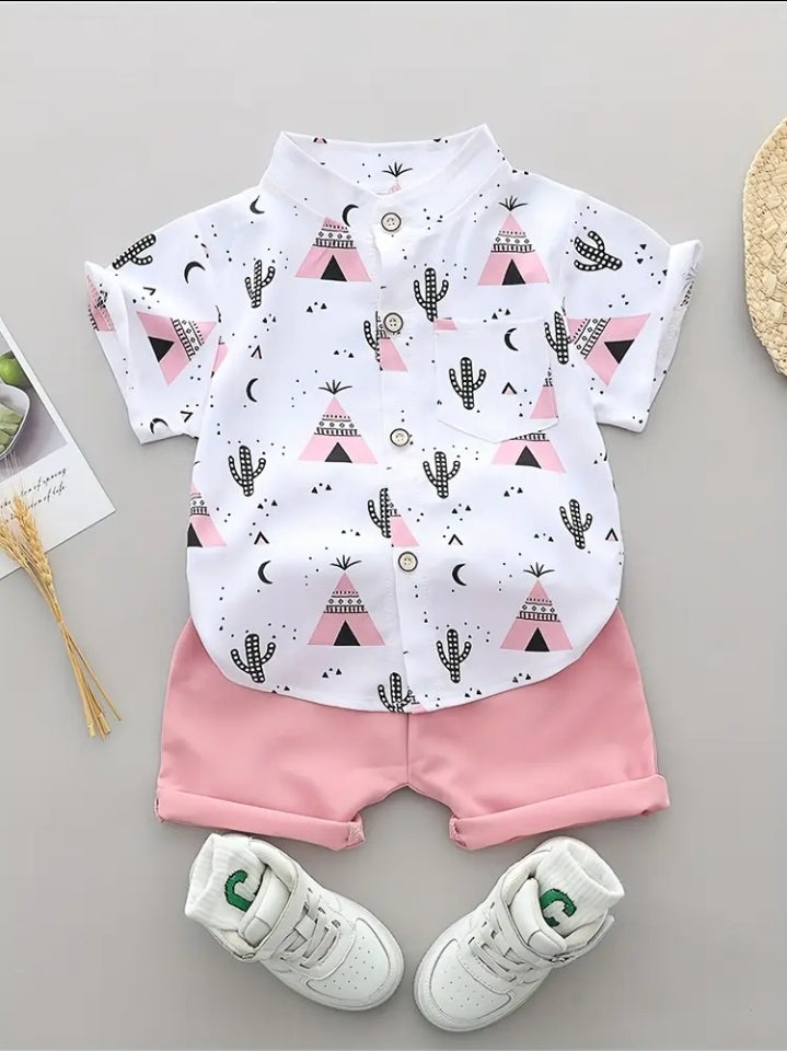 [For Outdoor] Boys' Summer Pattern T-Shirt And Shorts Set - Casual, Non-Stretch, Short Sleeve Top with Pyramid And Cactus Design. Light Shorts, Sneakers, for Outdoor