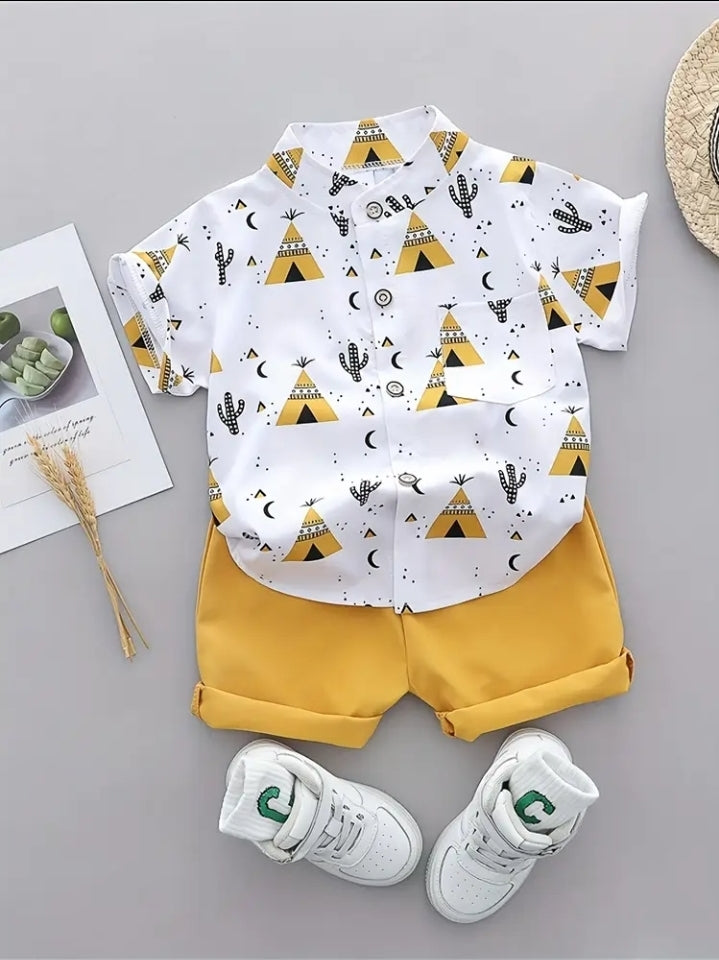 [For Outdoor] Boys' Summer Pattern T-Shirt And Shorts Set - Casual, Non-Stretch, Short Sleeve Top with Pyramid And Cactus Design. Light Shorts, Sneakers, for Outdoor
