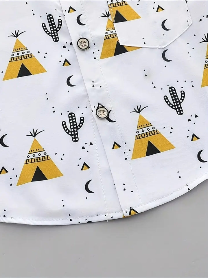 [For Outdoor] Boys' Summer Pattern T-Shirt And Shorts Set - Casual, Non-Stretch, Short Sleeve Top with Pyramid And Cactus Design. Light Shorts, Sneakers, for Outdoor