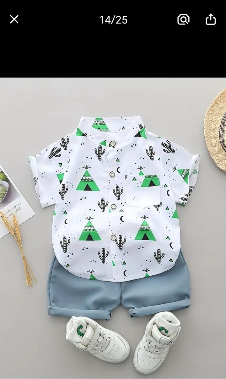 [For Outdoor] Boys' Summer Pattern T-Shirt And Shorts Set - Casual, Non-Stretch, Short Sleeve Top with Pyramid And Cactus Design. Light Shorts, Sneakers, for Outdoor
