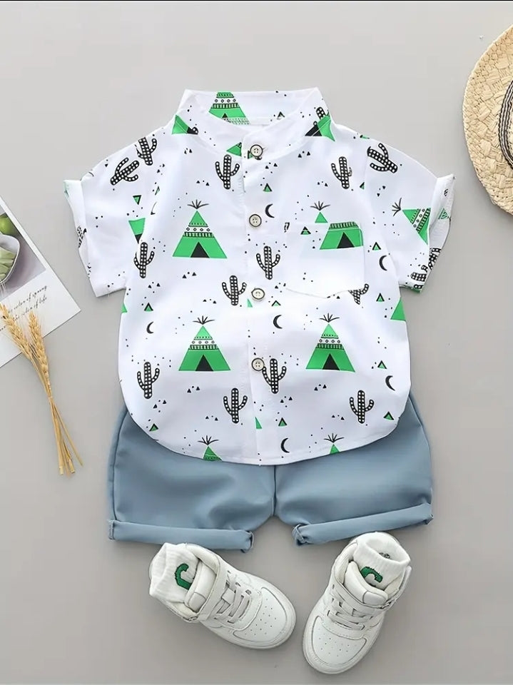 [For Outdoor] Boys' Summer Pattern T-Shirt And Shorts Set - Casual, Non-Stretch, Short Sleeve Top with Pyramid And Cactus Design. Light Shorts, Sneakers, for Outdoor
