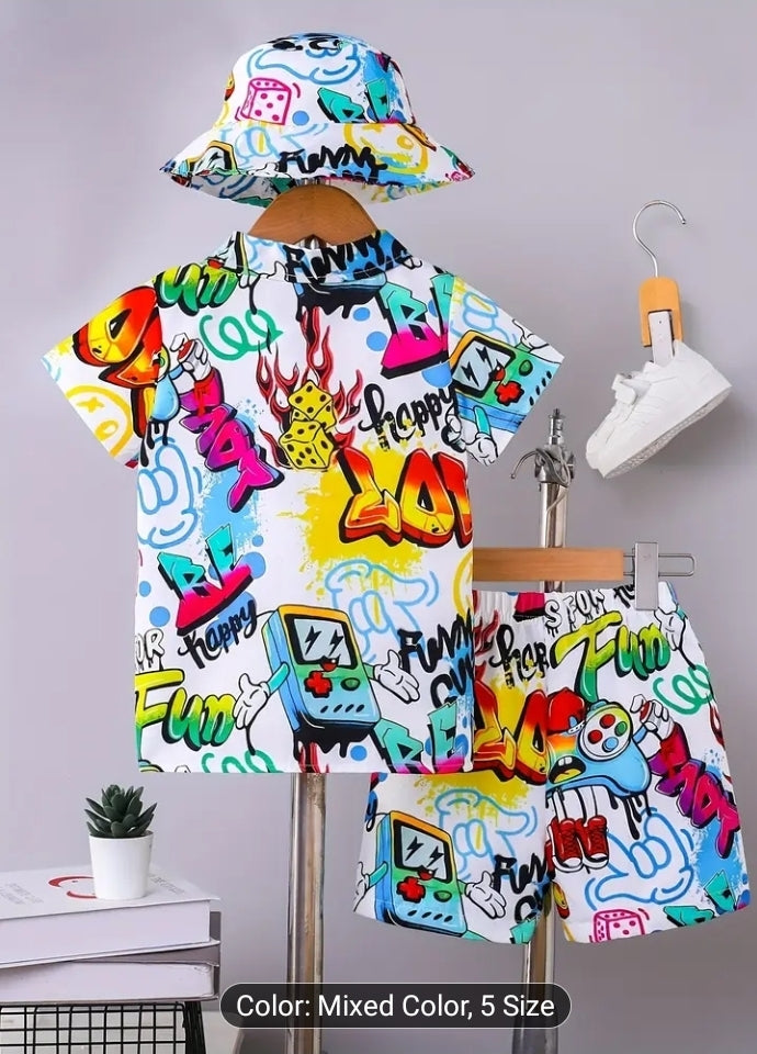 3pcs Boys' Lightweight Summer Casual Fashion Shirt and Shorts Set
