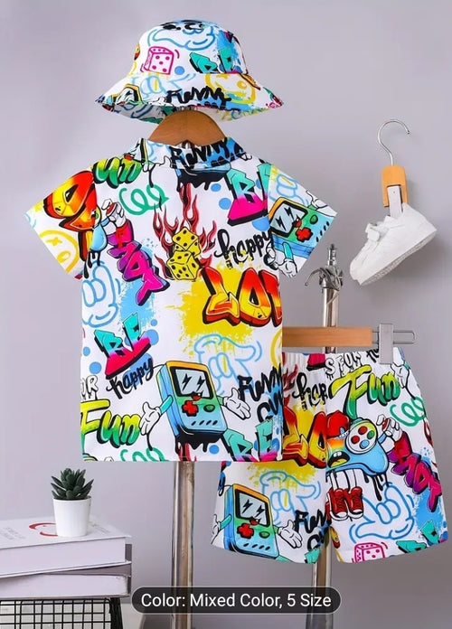 3pcs Boys' Lightweight Summer Casual Fashion Shirt and Shorts Set